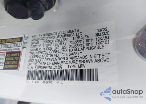 2022 Honda Cr-V Touring z USA, uszkodzony, nr VIN 5J6RT6H97NL024302